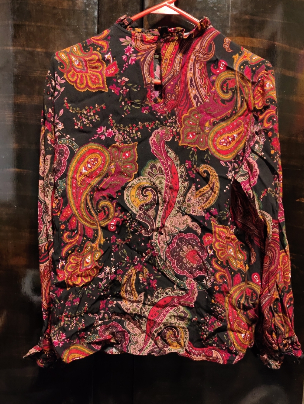 Zara Paisley Print Long-Sleeve Blouse with Ruffled Collar and Sleeves